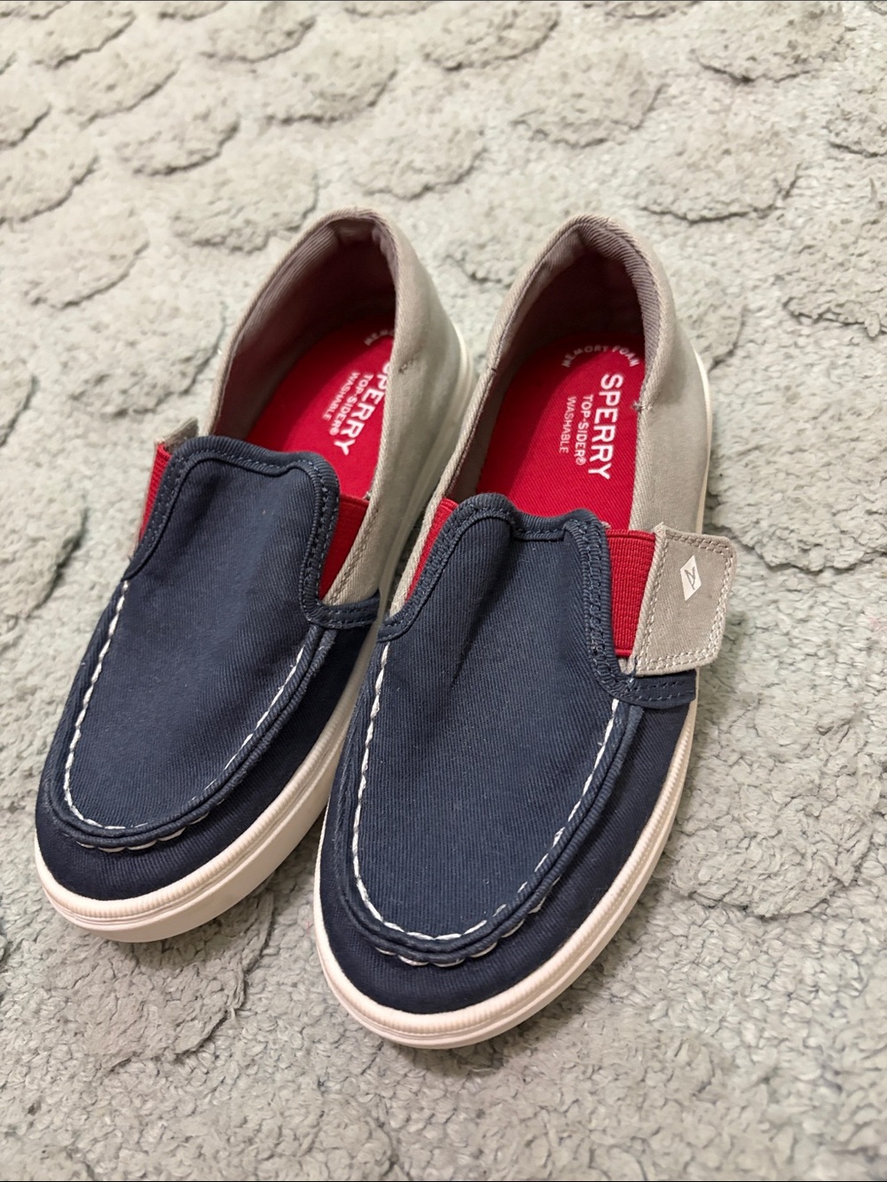 Sperry Men's Navy Canvas Slip-On with Red Insole and Beige Heel